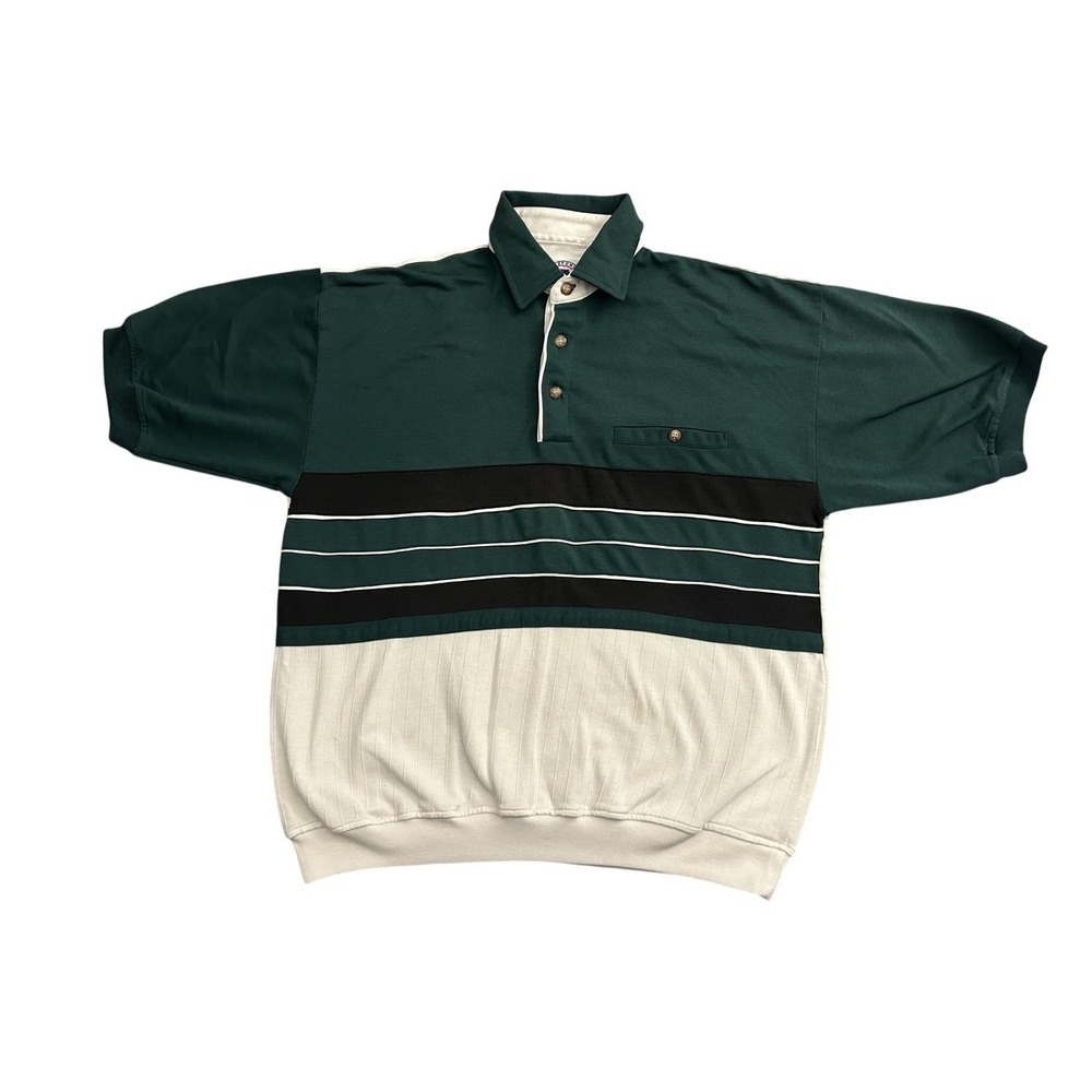 World Sport International Polo Shirt Mens Medium Green White Excellent Striped